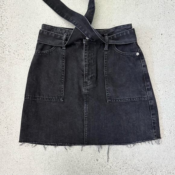 Topshop Grey Raw Edge Hem Denim Skirt w/ Tie Belt - Picture 3 of 6
